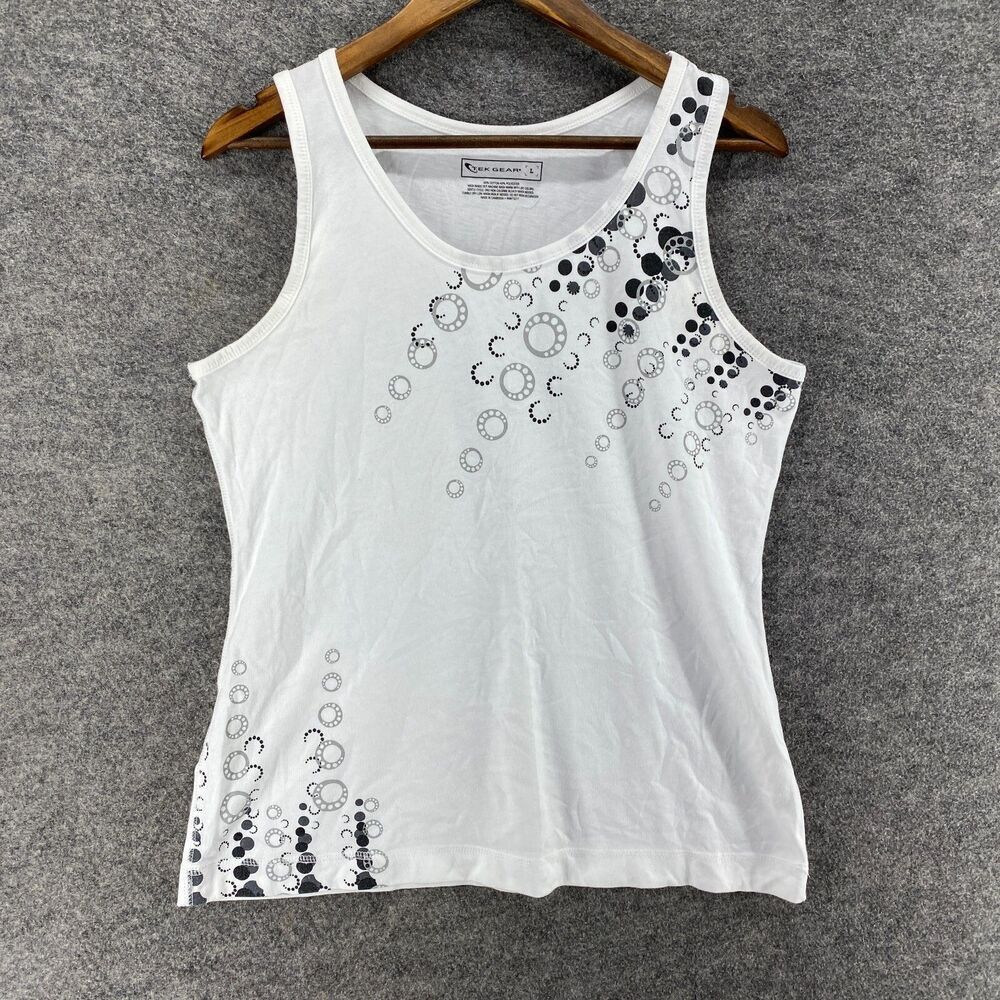 Tek Gear Tank Women L Large White Geometric Sleeveless Wide Strap Cotton Casual